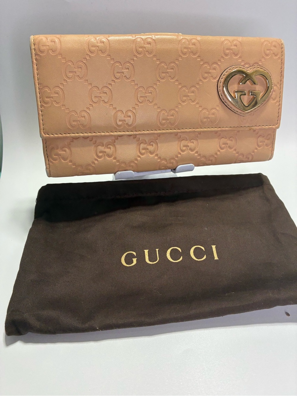 Gucci Peach Leather Continental Wallet with Heart GG Emblem